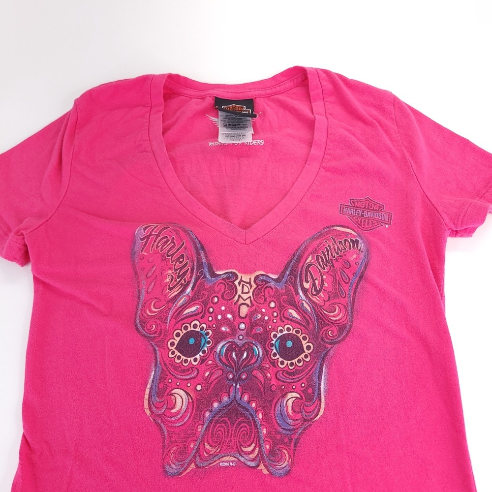 Harley Davidson T Shirt Womens Small Pink French Bulldog HDMC Front Back Graphic - Picture 3 of 10